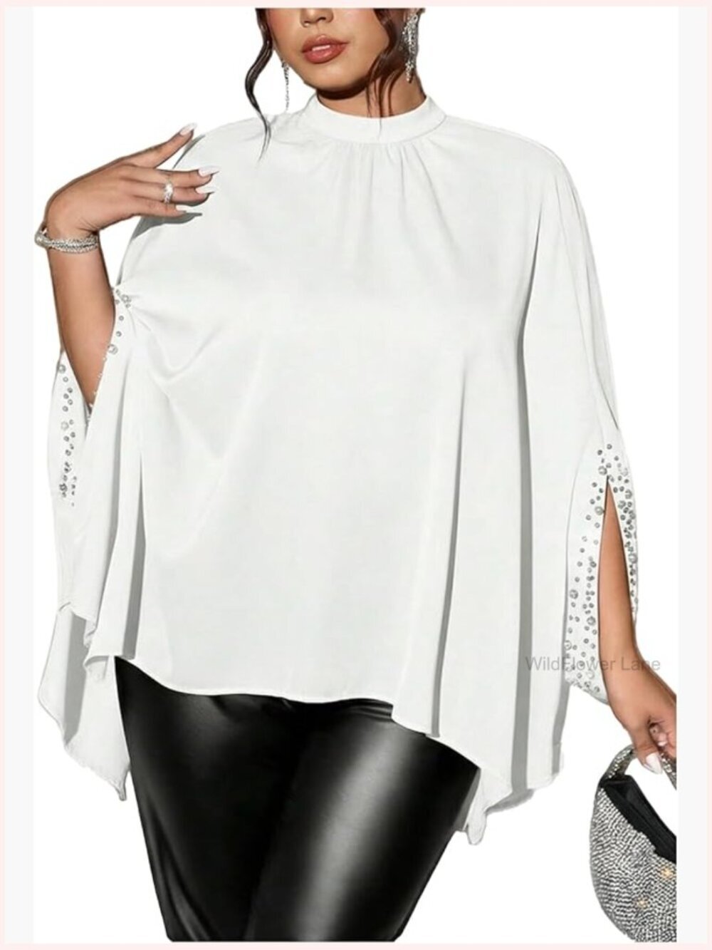 Plus Size Pearl Poncho Top Sparkly Glitter Blouse Mock Neck Loose Fit